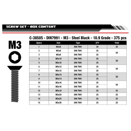 C-38505 Team Corally - Screw Set M3 - Hex Flat Head - DIN 7991 - Steel